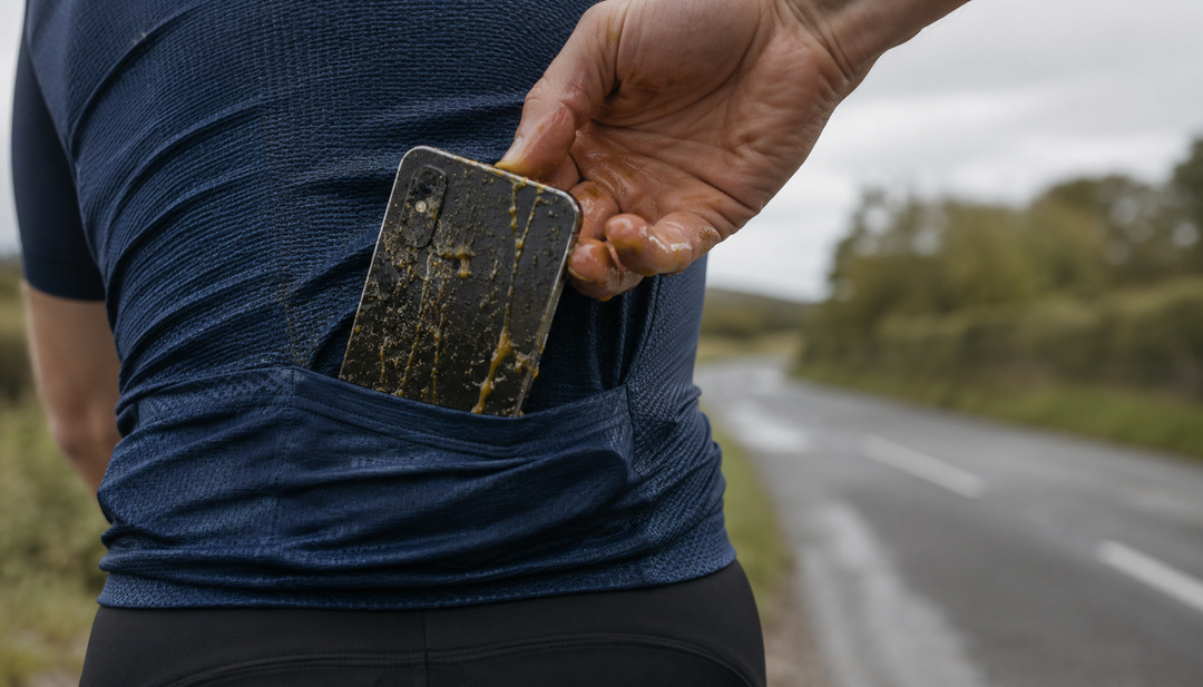 Nooit meer plakkerige telefoon: wielershirt zakken gel