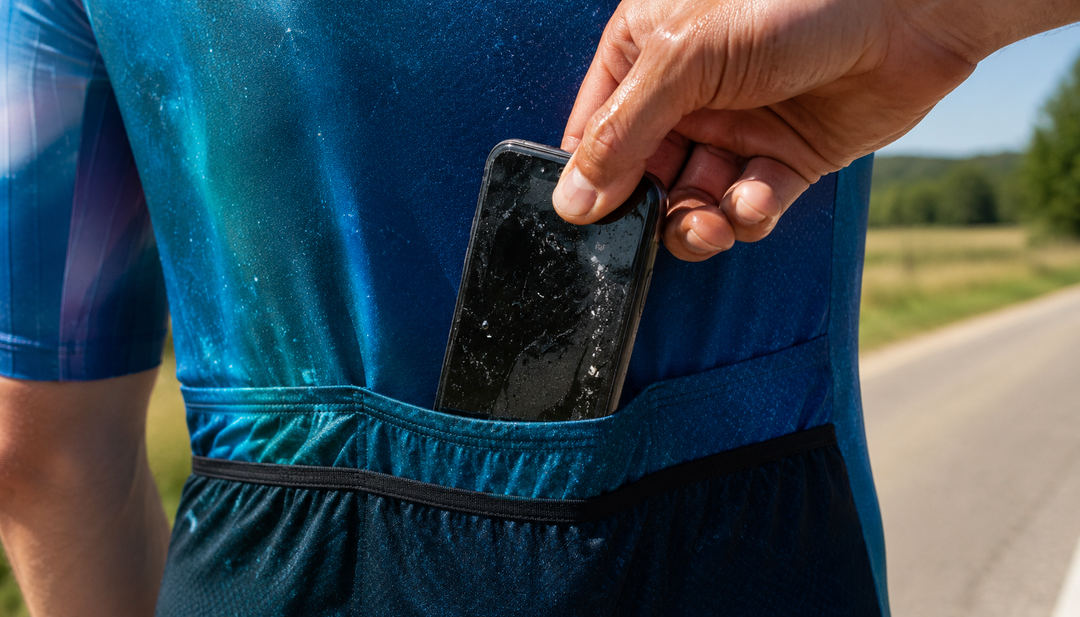 Nooit meer een plakkerige telefoon na je rit — wielershirt