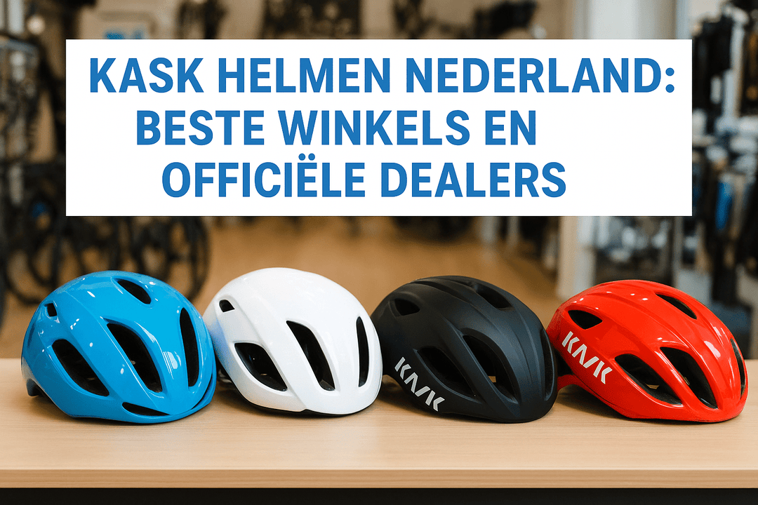 Banner KASK helmen Nederland met vier helmen in blauw, wit, zwart en rood