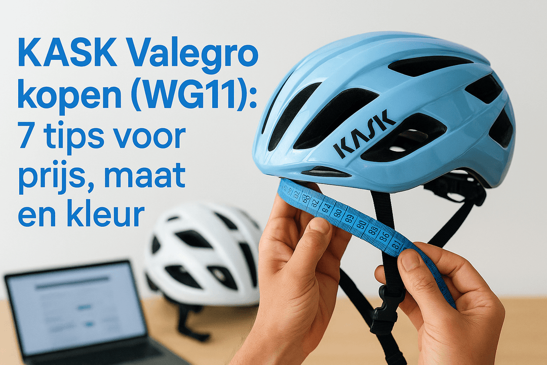 Handen houden een lichtblauwe KASK Valegro vast bij een laptop