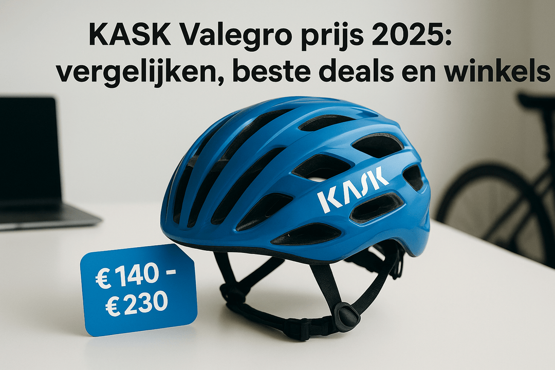 Banner KASK Valegro prijs vergelijken met een blauwe helm en een prijskaartje