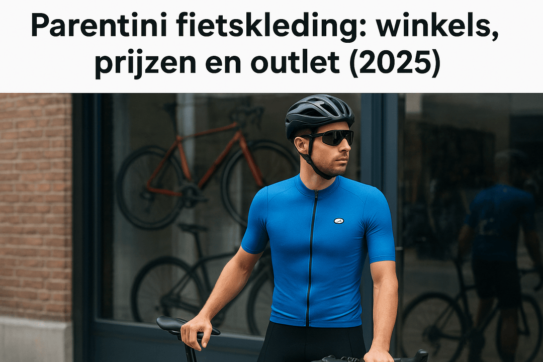 Banner Parentini fietskleding met een renner in blauw fietsshirt bij de fietsen