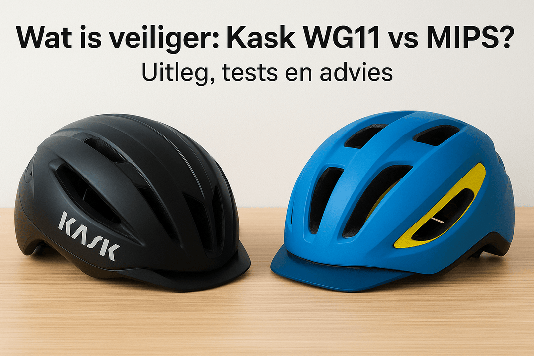Infographic KASK WG11 vs MIPS: testmethode, hoofdvorm en rotatiebescherming naast elkaar