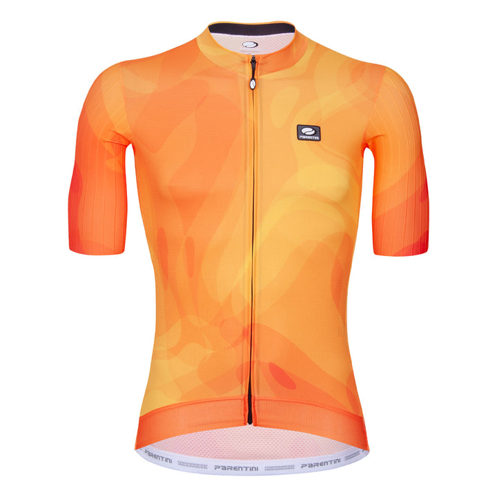 Parentini Fanta INGA fietsshirt oranje — vooraanzicht geometrisch patroon covered full zip jersey heren