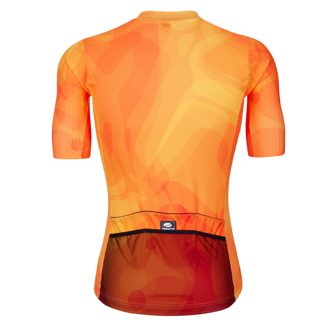 Parentini Fanta INGA oranje achterzijde — geometrisch patroon drie achterzakken donkere pockettzone jersey heren