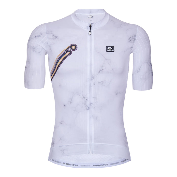 Parentini Marmo 50 INGA fietsshirt wit — vooraanzicht marmertextuur jubileumgrafiek 50 jaar jersey heren